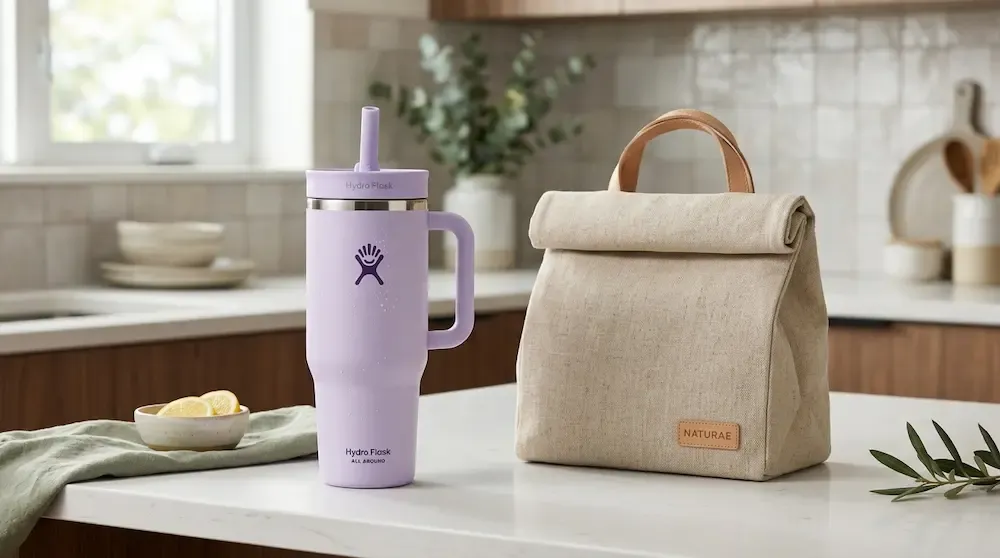 "Trendy Hydro Flask All Around Travel Tumbler 40 oz in pastel color on a kitchen counter - best Stanley alternative 2026."