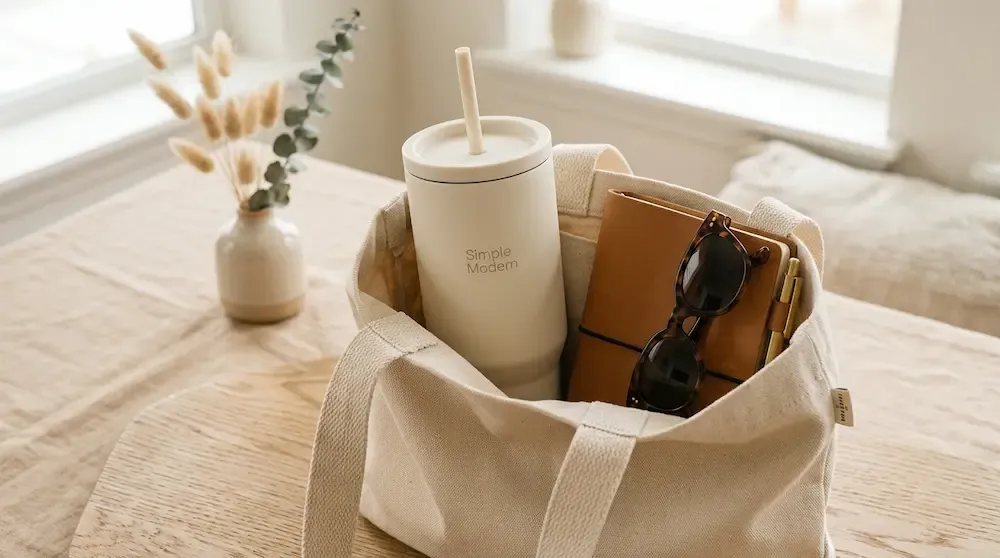 Aesthetic monochromatic Simple Modern Trek Tumbler 40 oz inside a tote bag - viral TikTok and Pinterest water bottle 2026.