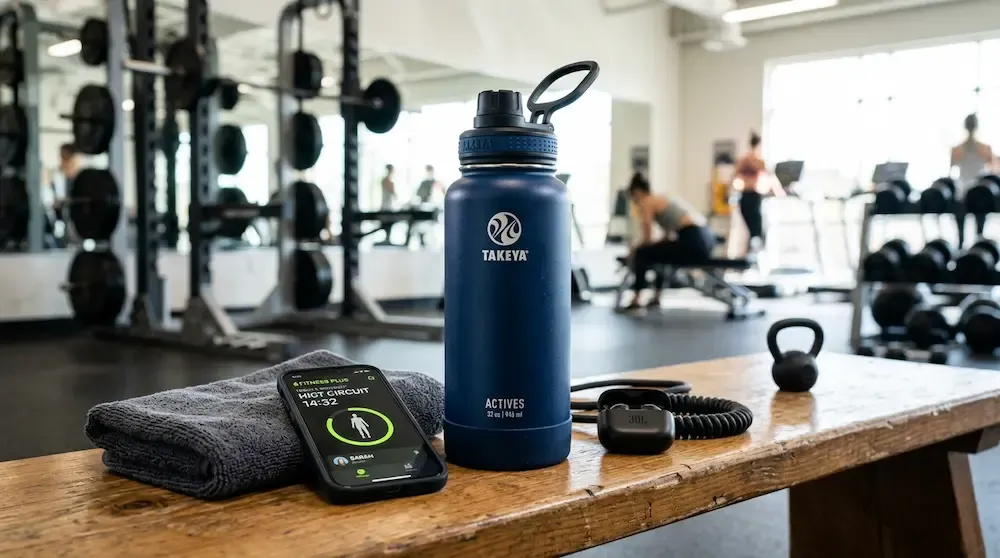 "Insulated Takeya Actives Water Bottle 32 oz with spout lid and protective silicone bumper - best active lifestyle Owala alternative 2026.