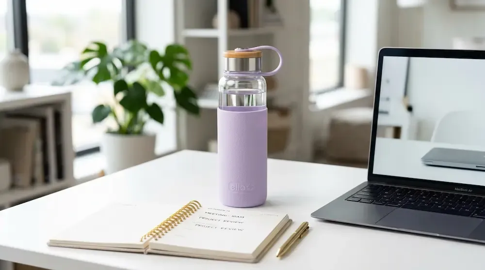 "Aesthetic Ello Syndicate Glass Water Bottle 20 oz with pastel lavender silicone sleeve on an office desk - clean taste eco-friendly water bottle 2026."