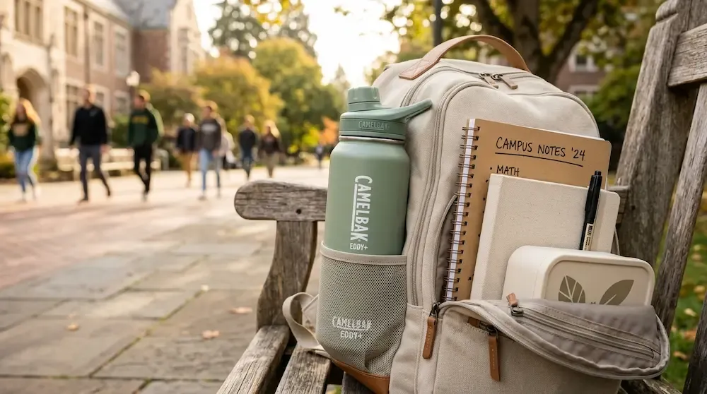 "CamelBak Eddy+ Vacuum Insulated Stainless Steel 32 oz with bite valve inside a school bag pocket - trendy no-tip drinking water bottle 2026."