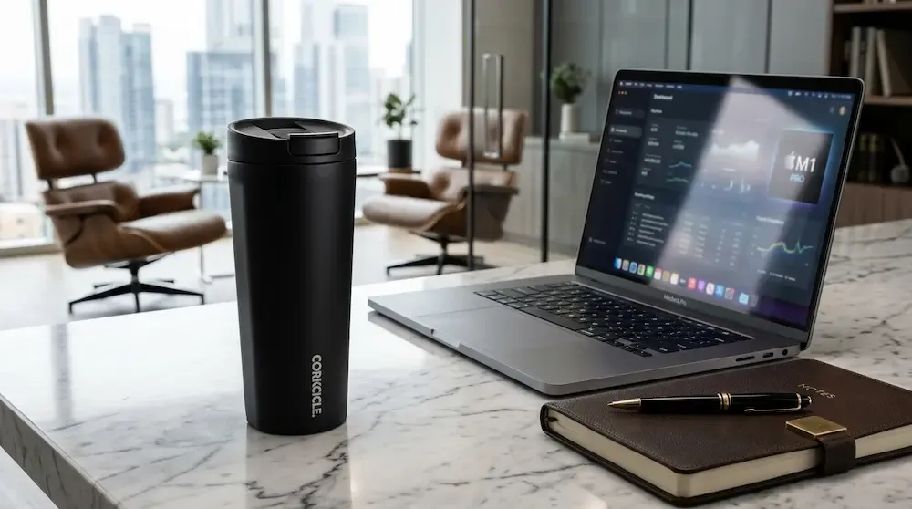 Luxury Corkcicle Commuter Cup 17 oz with 360-degree drink lid and ceramic coating on a marble desk - premium minimalist water insulated cup 2026.