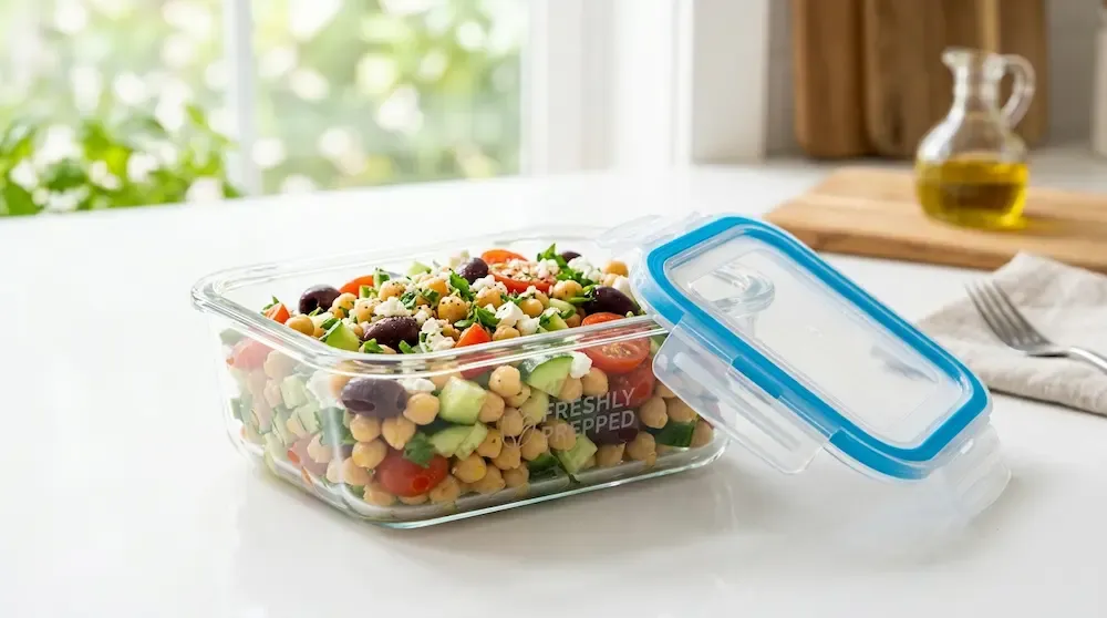 Fresh Mediterranean chickpea salad inside an airtight glass meal prep container with a leak-proof silicone seal lid - healthy no-cook office lunch idea 2026.