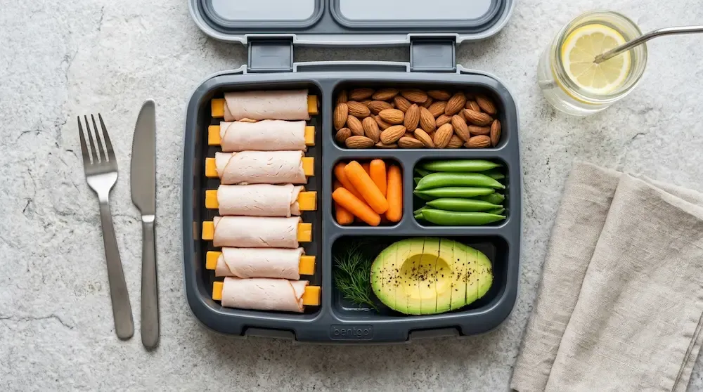 High-protein turkey rolls and avocado inside a multi-compartment bento box lunch container with nuts and vegetables - healthy everyday meal prep container 2026.