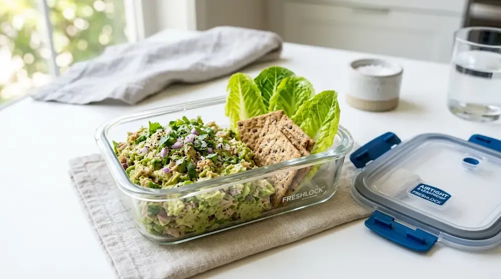 Creamy avocado tuna salad inside a vacuum-seal airtight food container with fresh lettuce wraps and whole-grain crackers - healthy meal prep ideas 2026.