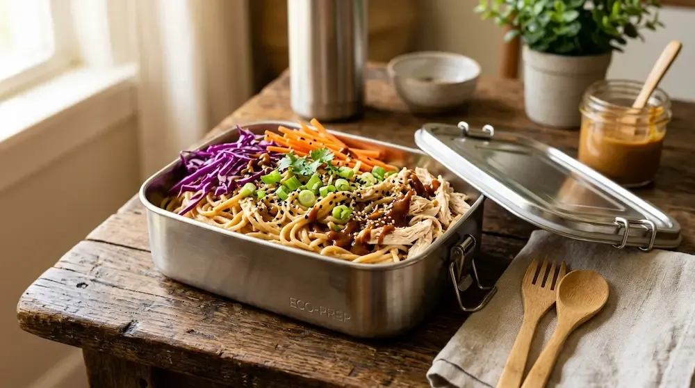 Cold sesame peanut noodles with shredded chicken inside a leak-proof stainless steel lunch box container - healthy meal prep ideas 2026.