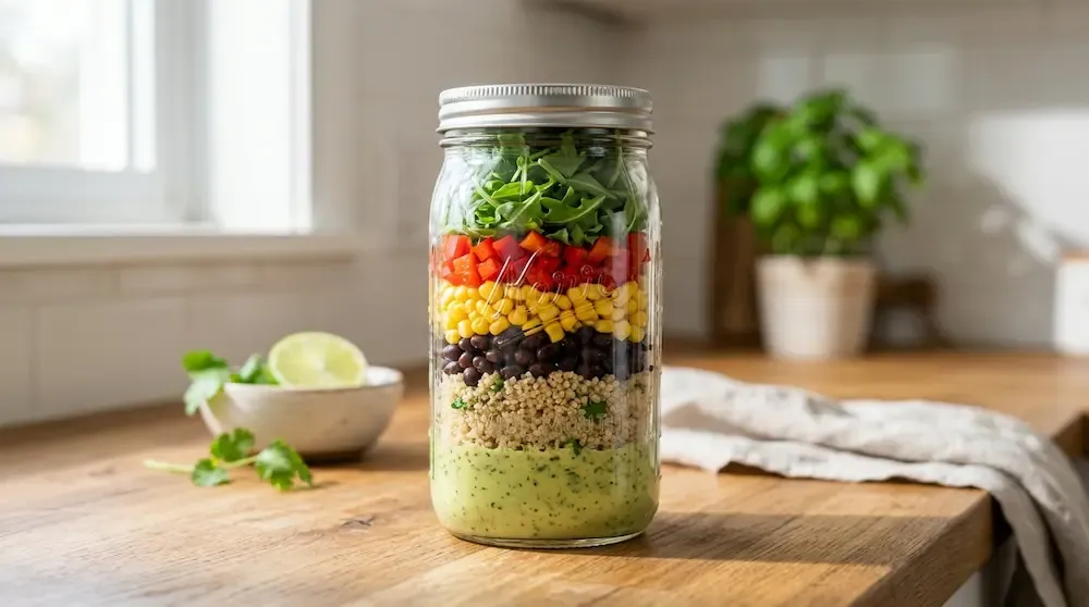Spicy black bean and quinoa salad layered neatly inside a wide-mouth glass mason jar container - non-soggy meal prep salad ideas 2026.