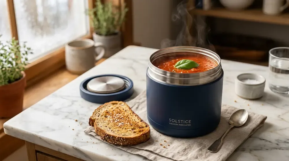 Hot homemade tomato basil soup inside a vacuum-insulated stainless steel food jar container next to sourdough bread - healthy hot office lunch idea 2026.