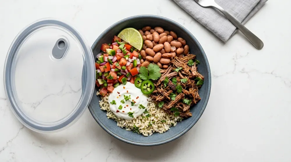 Tex-Mex shredded beef burrito bowl with cilantro-lime rice and pico de gallo inside a wide ceramic lunch bowl container - healthy meal prep ideas 2026.