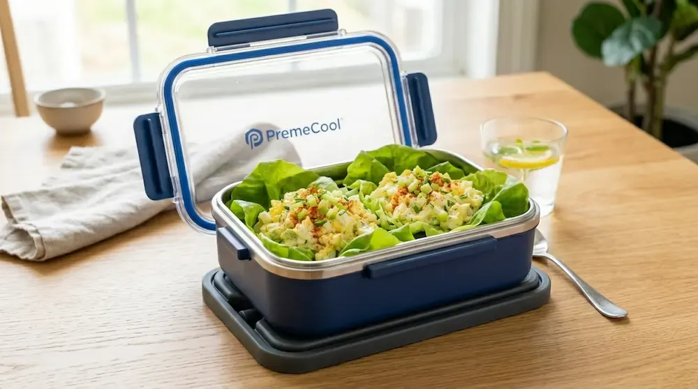 Egg salad lettuce wraps with smoked paprika inside a smart meal prep container with a built-in cooling ice pack tray - healthy low-carb lunch ideas 2026.