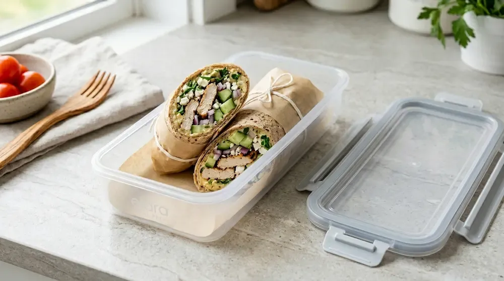 Healthy Greek gyro hummus wrap with grilled chicken and feta cheese inside a slim snap-locking food storage container - portable meal prep wrap ideas 2026.