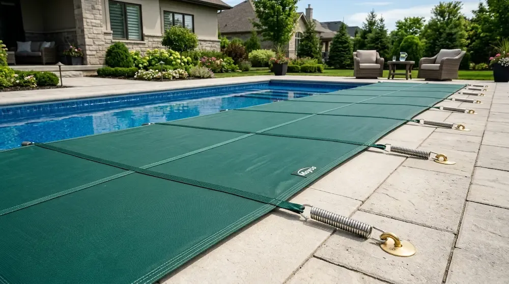 Green mesh heavy duty safety pool cover installed tightly over a modern inground swimming pool with brass anchors on a concrete deck.