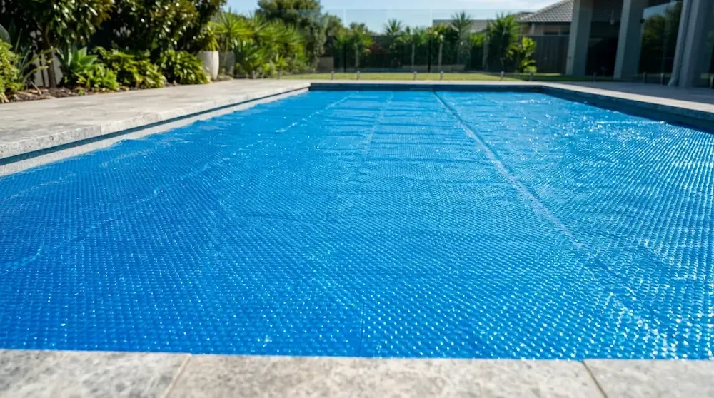 Blue bubble textured solar pool cover floating on clear water reflecting bright afternoon sunlight.