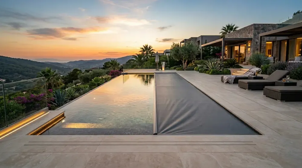 Sleek gray automatic motorized pool cover closing smoothly along low-profile aluminum tracks.