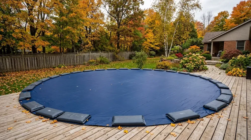 Durable dark blue solid winter pool cover sealed with water tubes in a peaceful backyard during autumn.