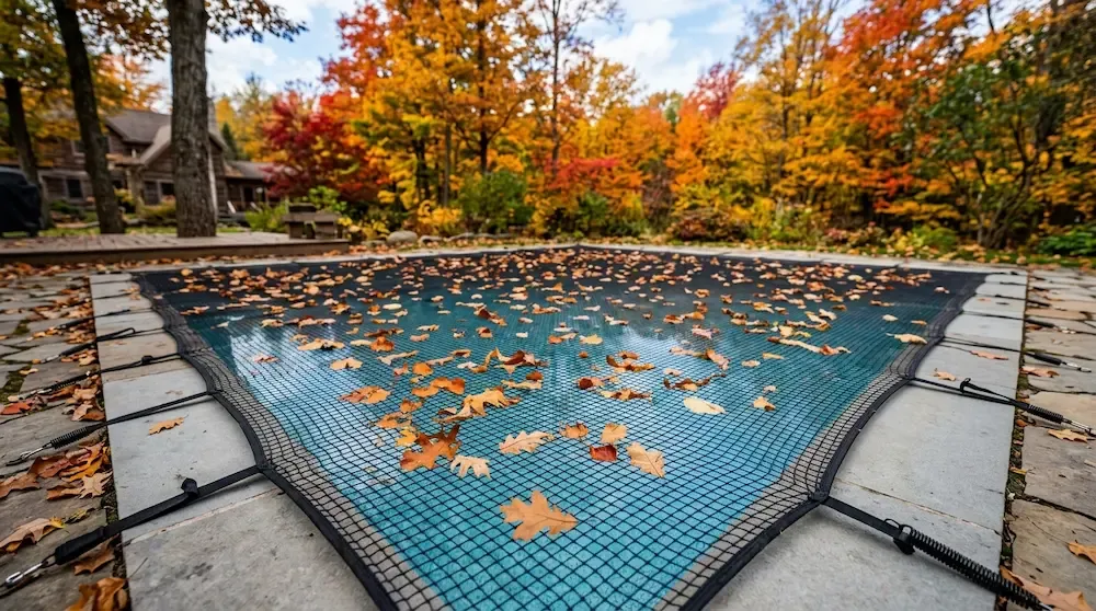 Ultra-fine mesh leaf net pool cover catching brown fallen autumn leaves above the pool water.