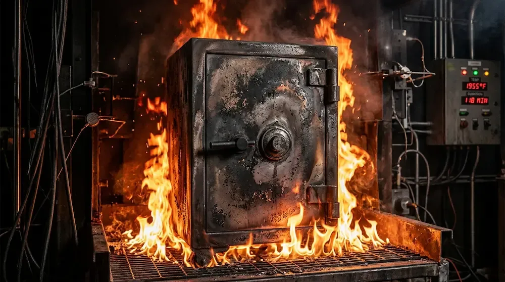 A certified fireproof home safe undergoing an intense thermal laboratory test with glowing orange flames to verify its UL and ETL fire rating duration.