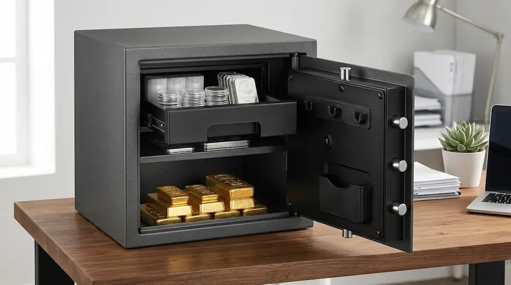 The interior of a SentrySafe SFW123DSB fireproof safe neatly organized with gold bars and silver coin tubes on a shelf.