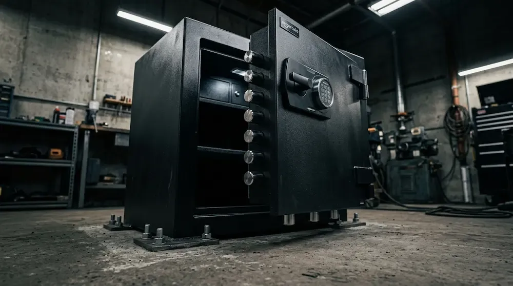 A heavy-duty Amazon Basics fireproof safe bolted to a concrete floor with thick steel locking bolts visible on the open door.