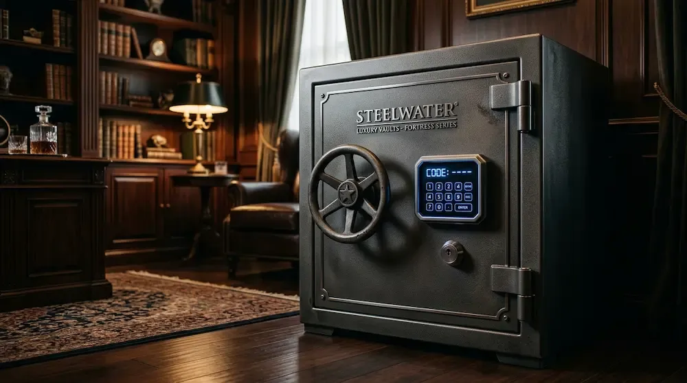 Premium Steelwater 2-hour fireproof safe with a digital keypad and biometric lock mechanism safeguarding a high-value precious metals collection.
