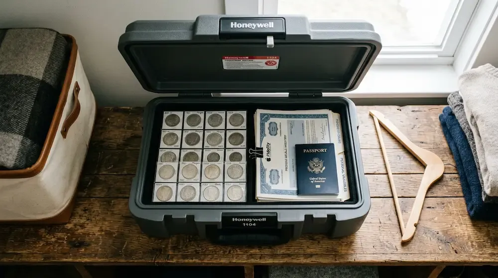 A compact Honeywell 1104 fireproof and waterproof chest safe open on a wooden table, storing silver dollars and paper certificates.