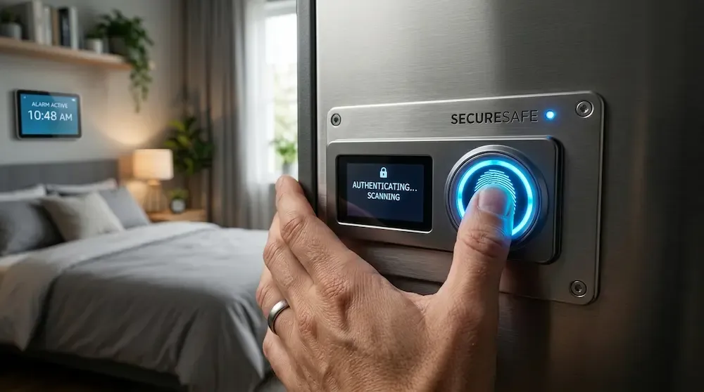A user opening a Mesa biometric fireproof safe using a fingerprint scanner on the electronic lock panel.