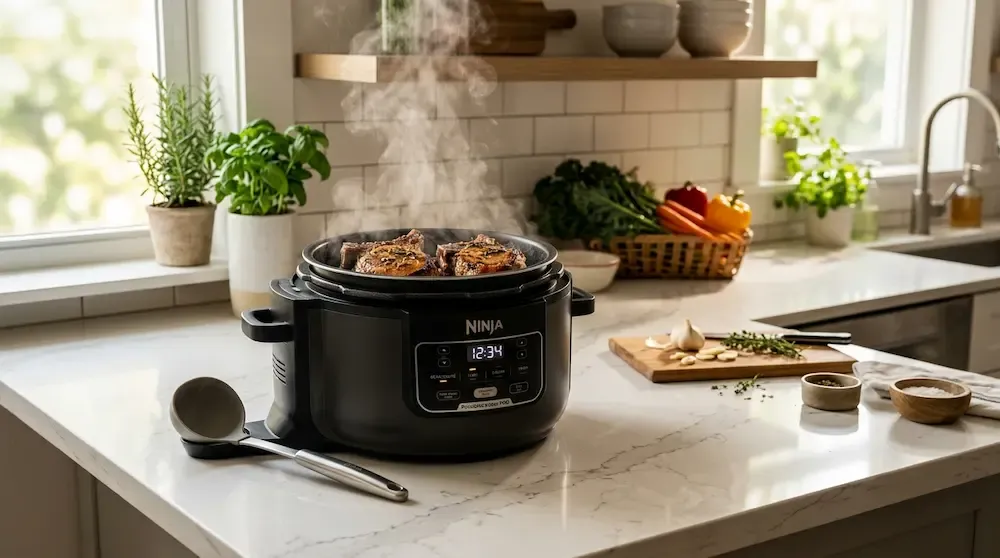 Ninja Foodi PossibleCooker PRO 8-Quart slow cooker searing meat on a modern white quartz kitchen island.