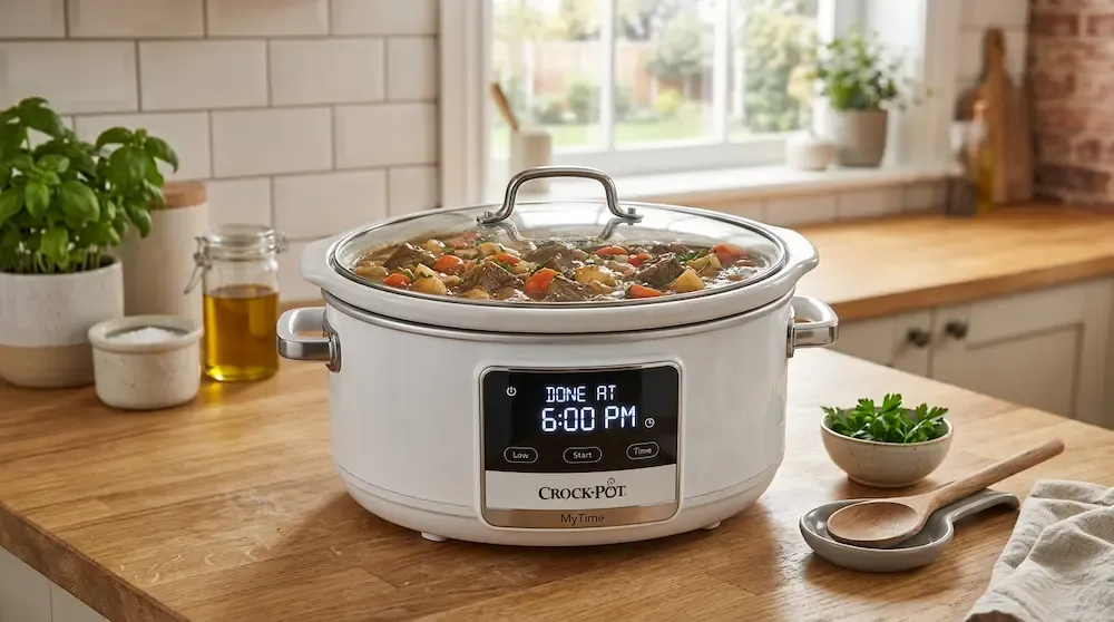 Crock-Pot MyTime programmable slow cooker cooking a healthy beef stew on a light wood kitchen counter.
