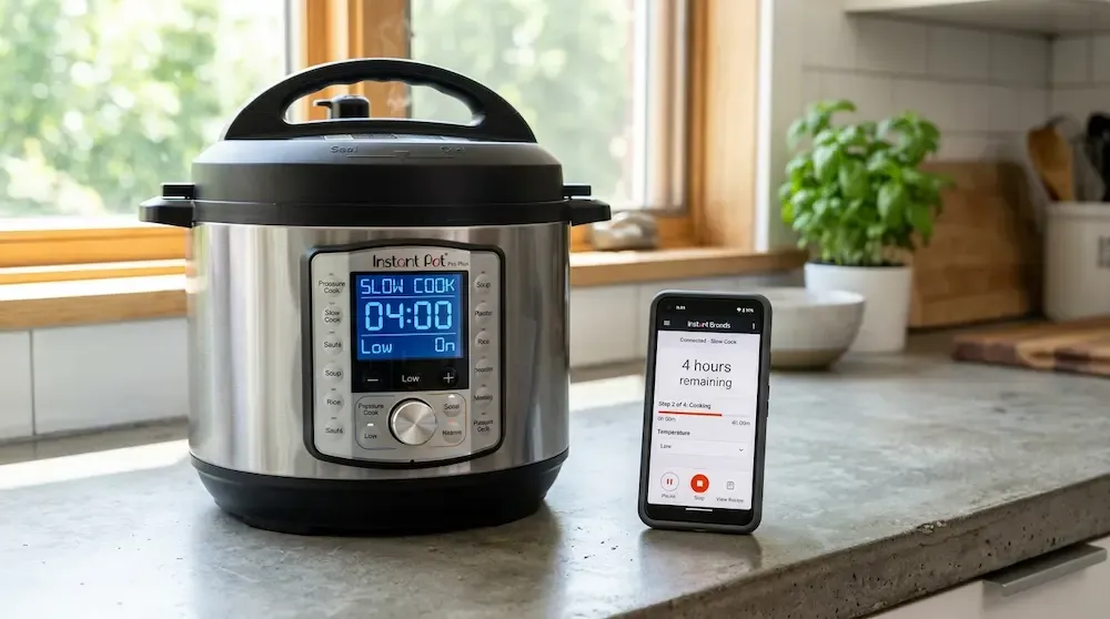 Instant Pot Pro Plus Wi-Fi smart multi cooker controlled via smartphone app for slow cooker meal prep.