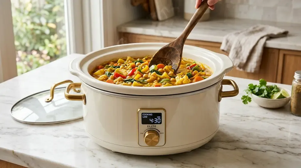 GreenPan Elite smart ceramic slow cooker with non-toxic coating preparing a healthy dinner recipe.