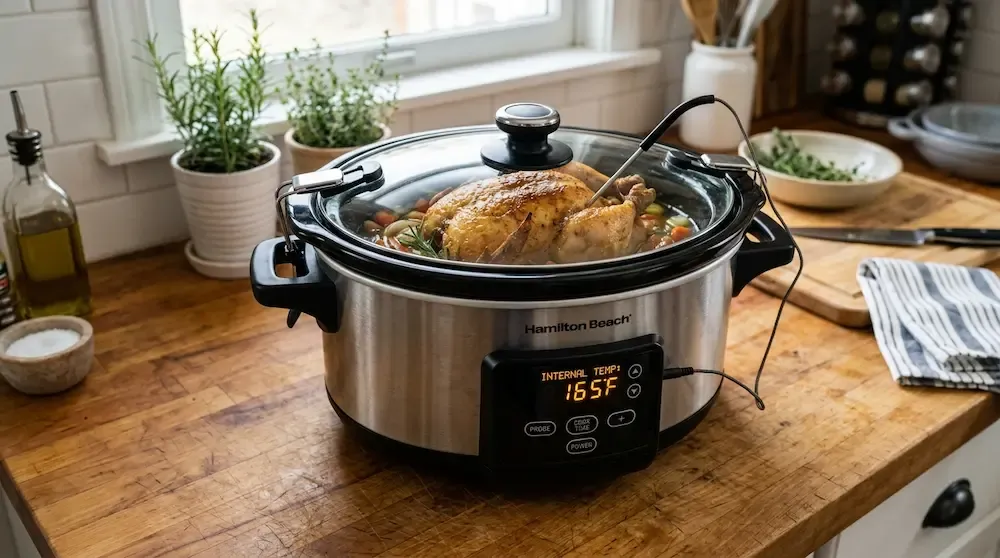 Hamilton Beach Set and Forget programmable slow cooker with temperature probe inside a roasted chicken.