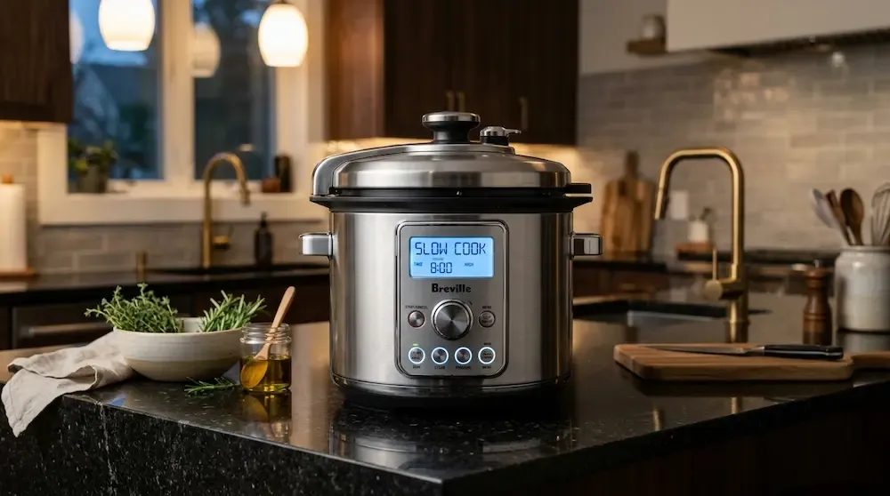 Breville the Fast Slow GO multi-cooker in premium brushed stainless steel preparing a protein meal.