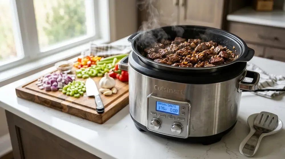 Cuisinart Cook Central 3-in-1 multi-cooker browning beef for an easy healthy dinner recipe.