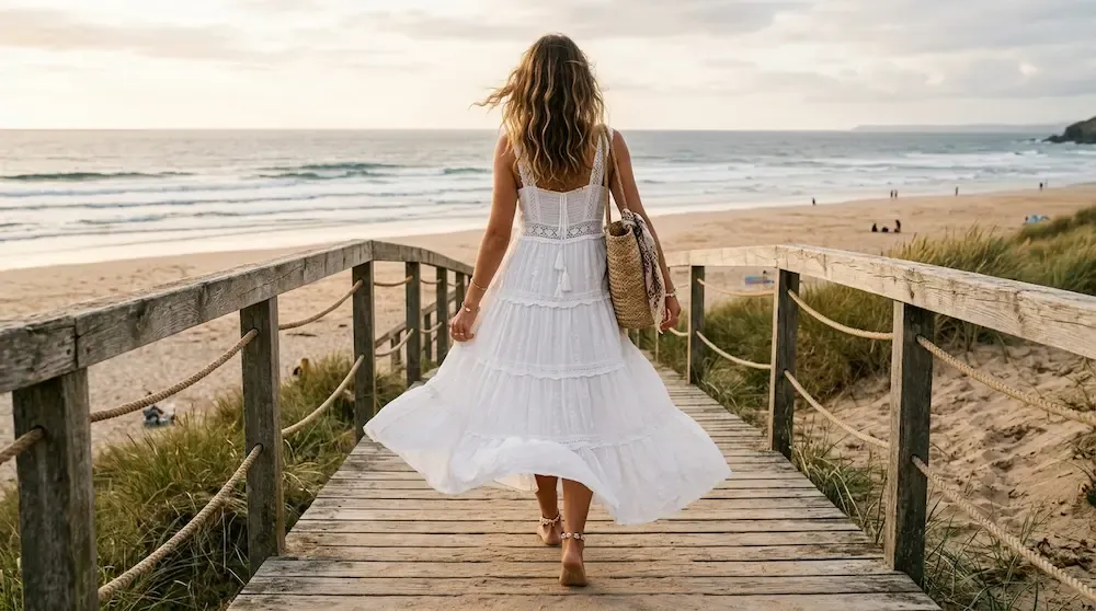 A woman wearing a flowing tiered white boho maxi dress on a beach boardwalk