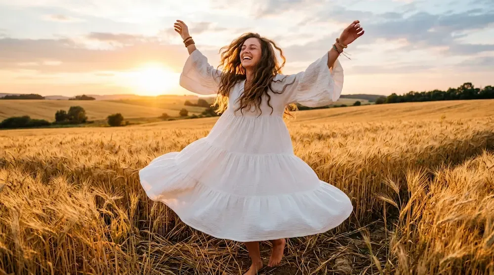 Boho girl in a white hippie dress with bell sleeves spinning in a field of flowers