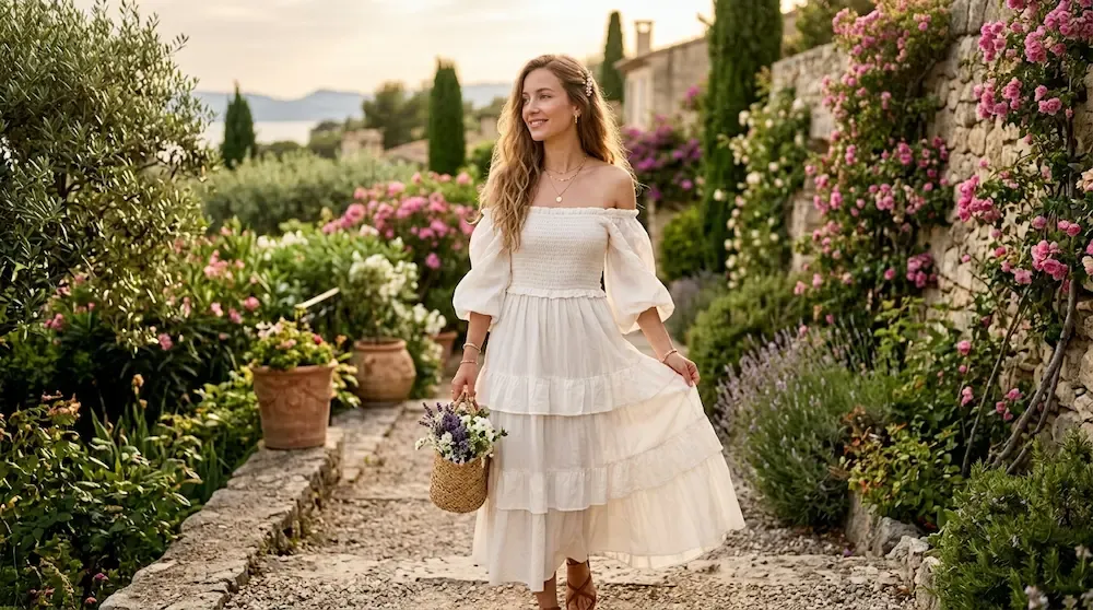 An elegant woman wearing a dreamy cotton off-shoulder white boho outfit in a sunny garden