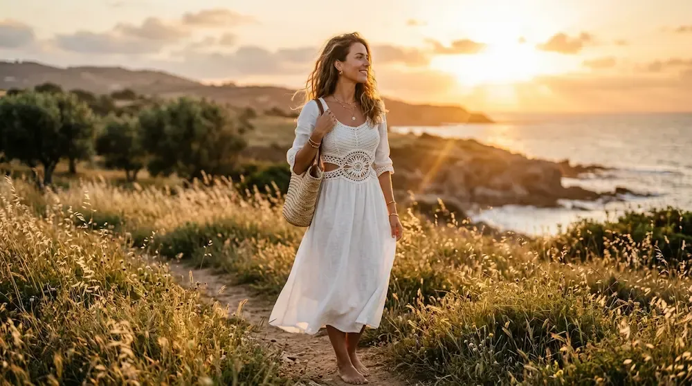 Close-up of a woman wearing a crochet cut-out white summer dress boho style during sunset