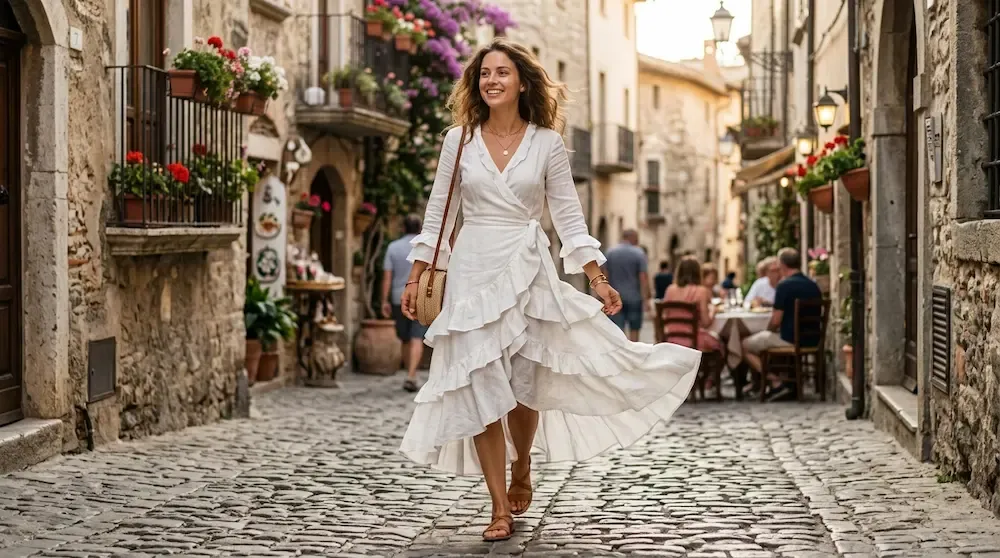 A woman in motion wearing a ruffled midi white dress long silhouette with wrap-around front design