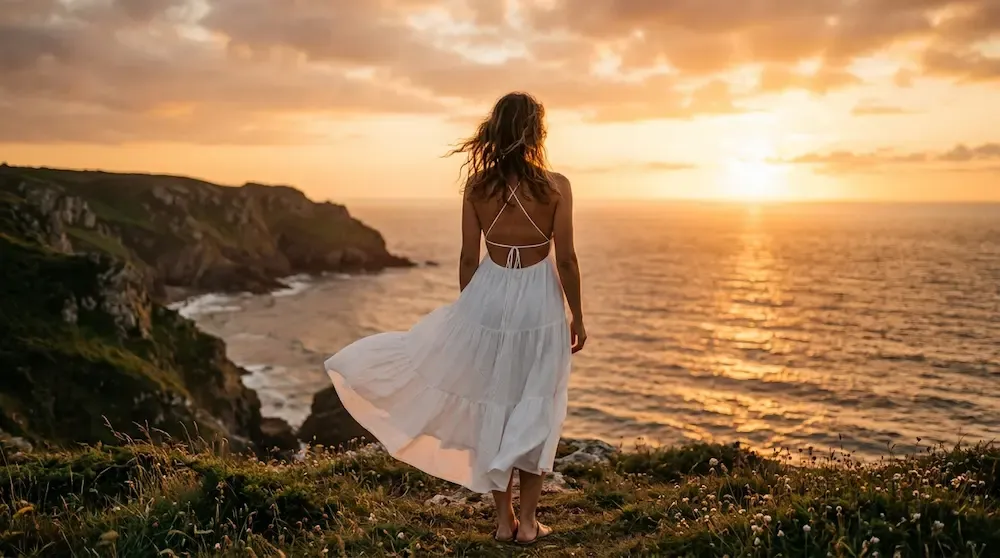 Rear view of a woman wearing a tiered backless white sun dress on a beach during golden hour