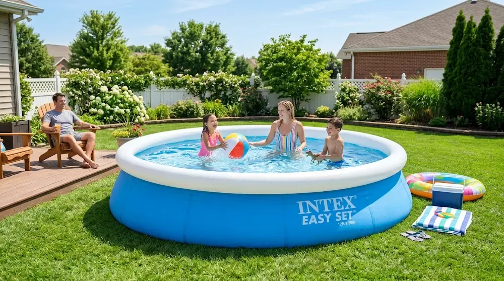 A round blue inflatable easy set above ground pool filled with clear water on a sunny green lawn.