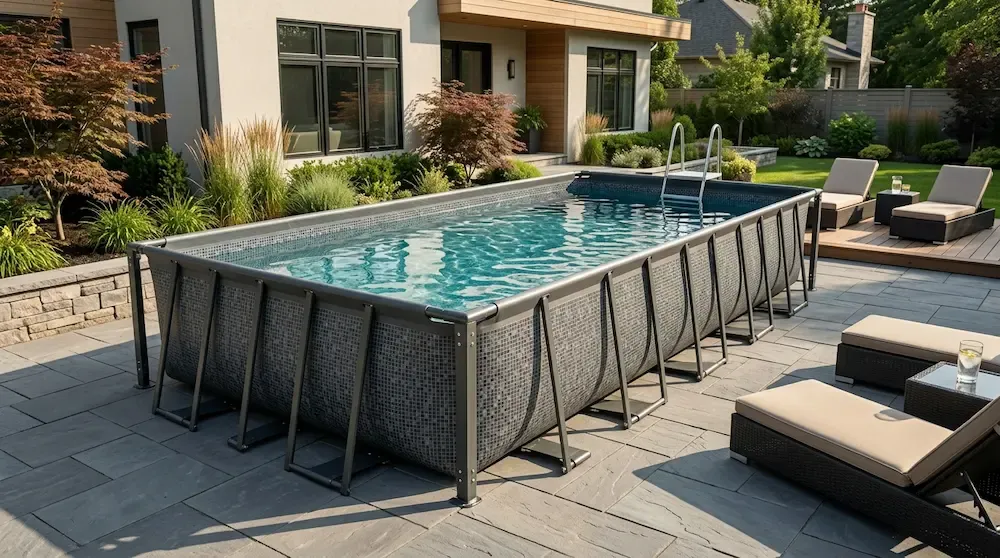 Sturdy rectangular metal frame above ground pool with durable grey liner standing on a backyard patio.