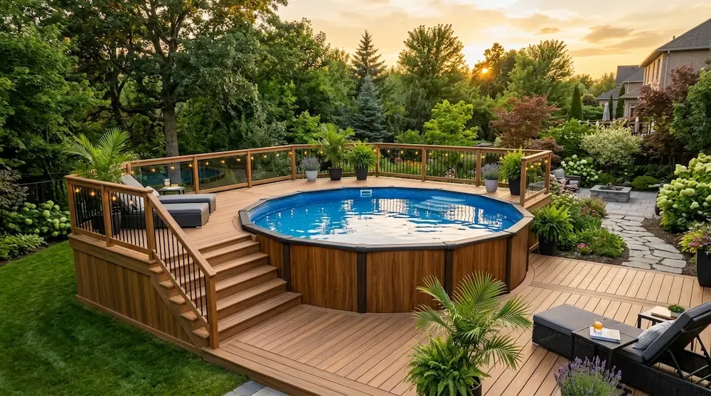 Permanent hard sided steel wall above ground pool integrated with a luxurious custom wooden wrap around deck.
