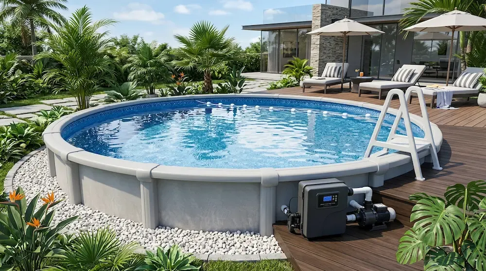 Luxury light grey resin above ground pool safe for saltwater systems running in a beautifully landscaped yard.