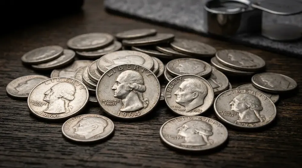 A collection of historical pre-1965 United States 90 percent silver coins including Washington quarters and Roosevelt dimes spread out on a desk.