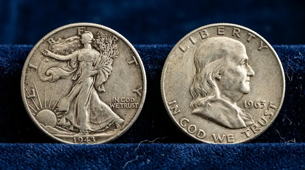 Vintage United States Walking Liberty and Benjamin Franklin silver half dollar coins showcasing their historic designs.