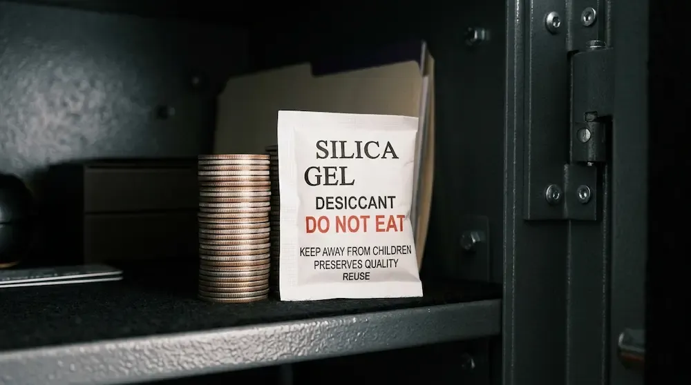 White silica gel packets placed next to a stack of US silver coins inside a safe for humidity and moisture protection.