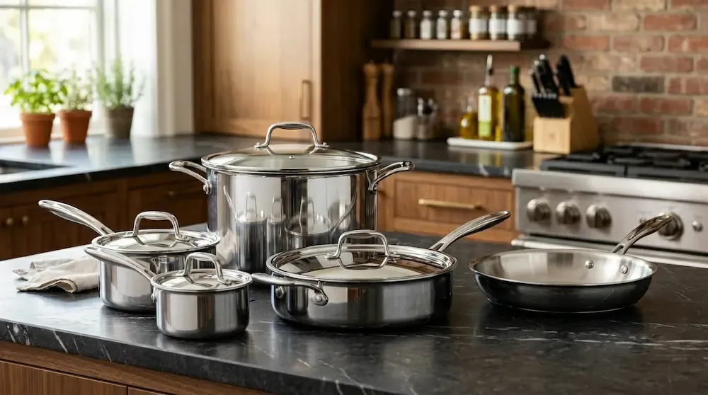Cuisinart MCP-7NP1 Multiclad Pro Triple Ply 7-Piece Cookware Set on a kitchen counter