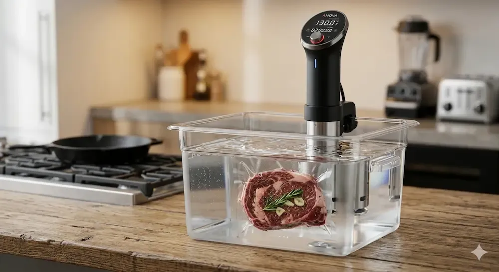 Anova Culinary Sous Vide Precision Cooker 2.0 WiFi 1000 Watts in a water pot