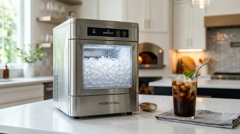 Crzoe countertop nugget ice maker machine with stainless steel finish on a kitchen counter next to a glass of pebble ice