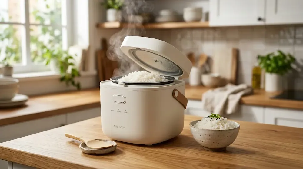 Small round minimalist mini rice cooker with a matte white finish on a modern kitchen counter